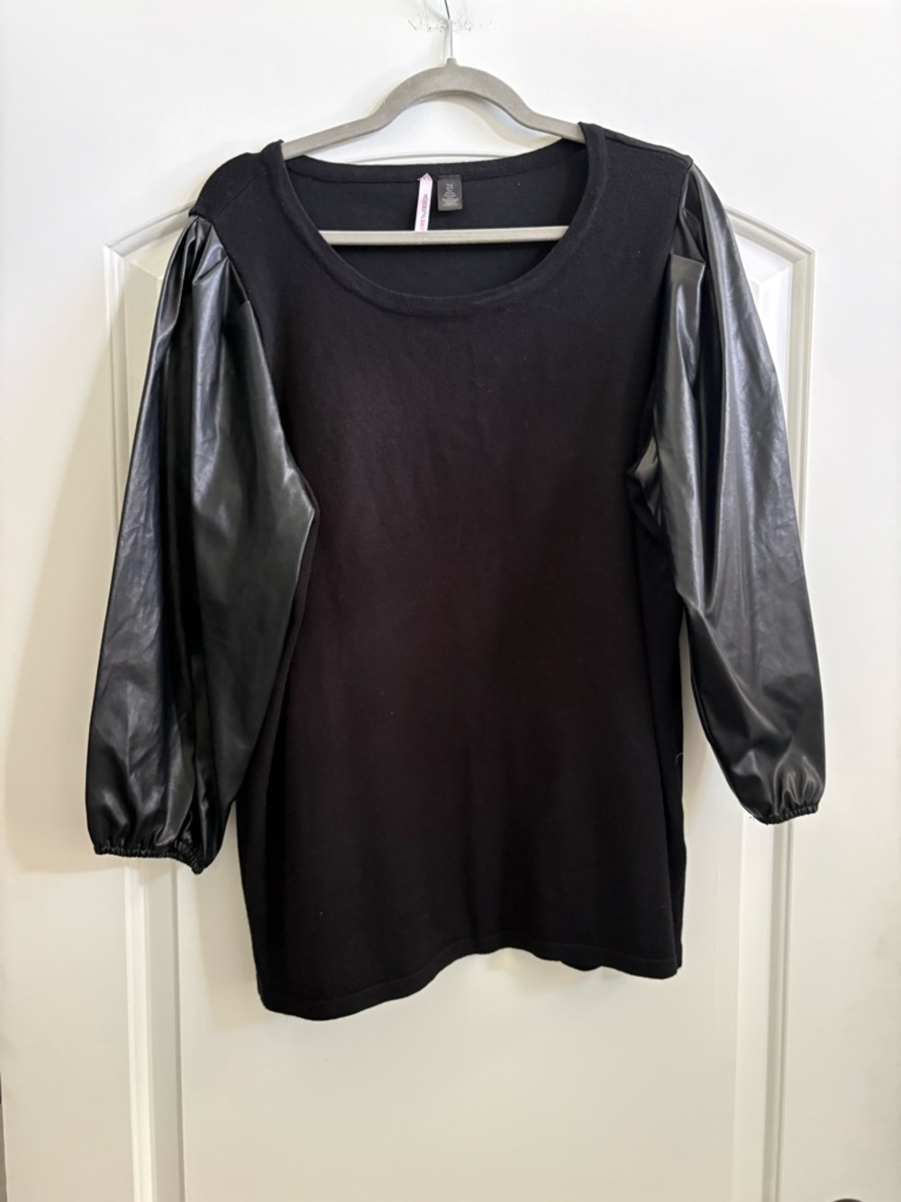 Love By Design Black Puff Sleeve Sweatshirt with Faux Leather Sleeves